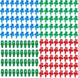 Patterned image showing rows of colored nozzles: blue, green, and red. Each row has a uniform arrangement, evoking an organized, repetitive pattern.