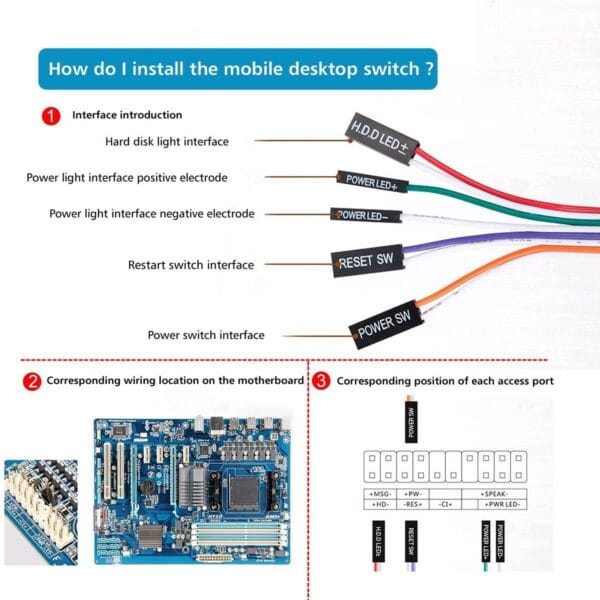 Rajiekart Desktop PC ATX Computer Motherboard Power Cable Switch On/Off/Reset Button Led Light Red Green Computer Cable - Image 4